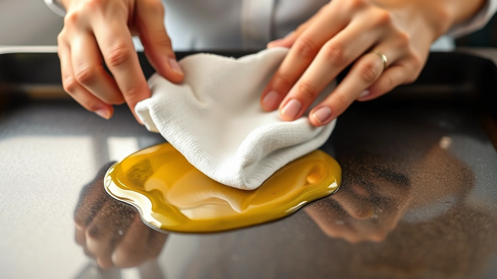 Close-up of a person's hands applying thin layer of golden oil across a clean flat-top griddle surface using a white cloth, griddle showing reflection of light