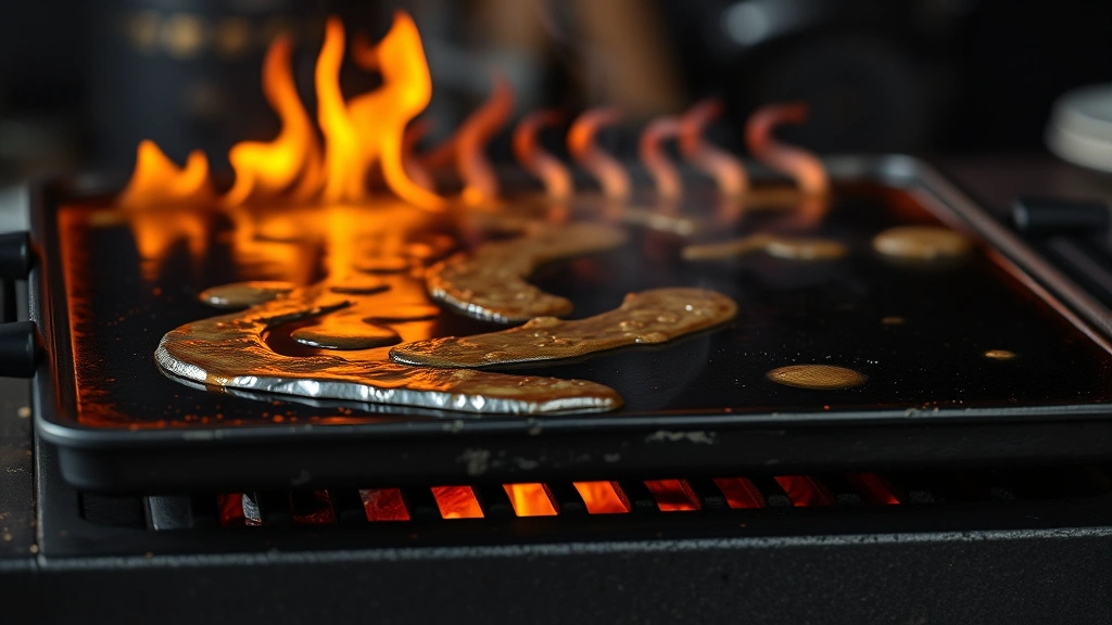 Blackstone griddle heating with visible heat waves rising from surface as oil begins to smoke, showing proper seasoning temperature stage