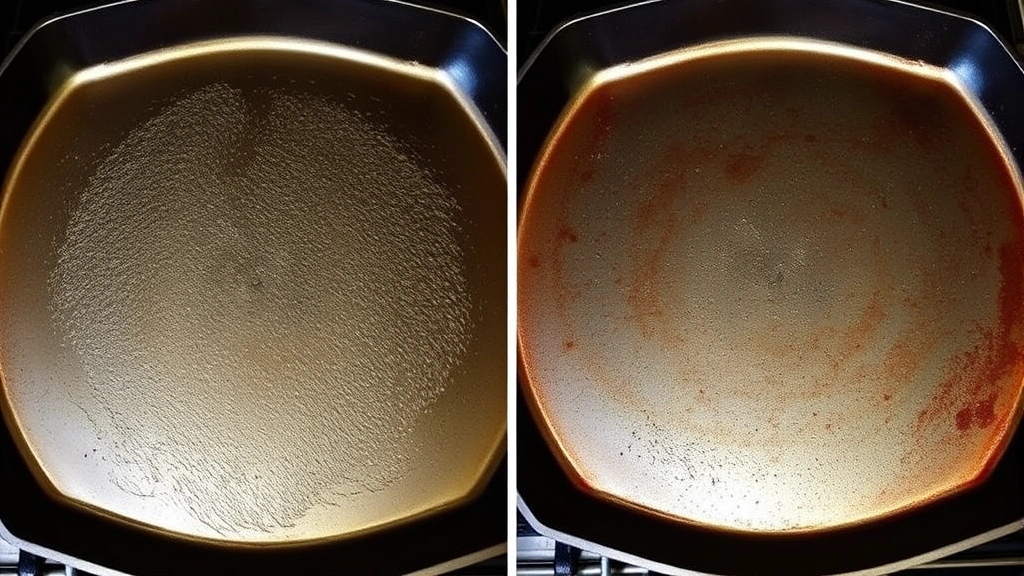 Side-by-side comparison of two griddle surfaces: one freshly seasoned with dark shiny patina, one bare metal, both spotlessly clean and dry