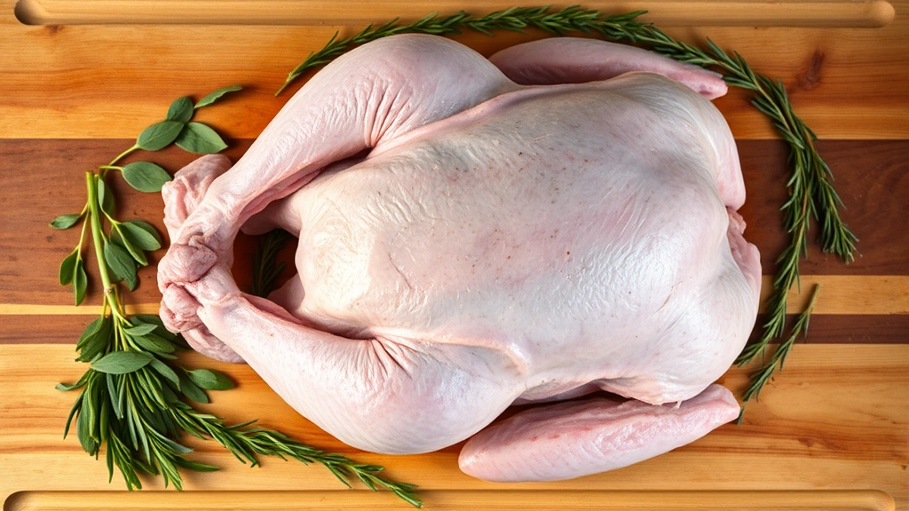 Overhead view of raw turkey with fresh herbs like sage, rosemary, and thyme scattered around it on a wooden cutting board, professional kitchen lighting