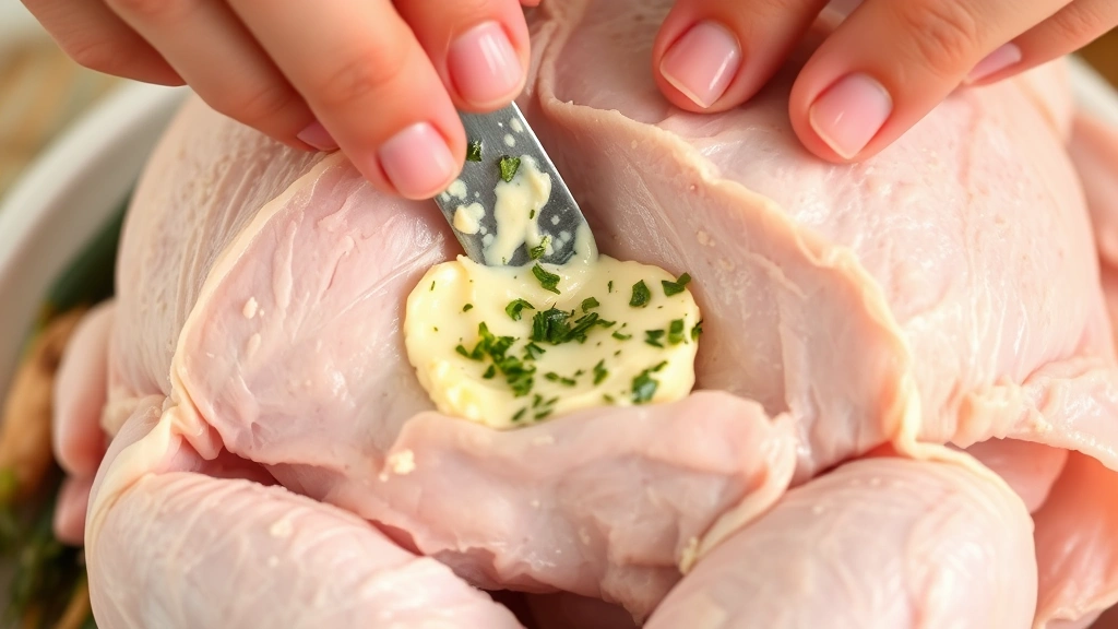 Close-up of hands spreading herb butter under turkey skin, showing the separation of skin from meat with fresh green herbs visible in the butter