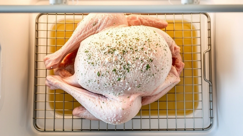 Overhead view of whole raw turkey on roasting rack in refrigerator with visible salt crust and herb coating, demonstrating dry brine method
