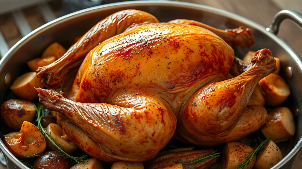 Golden-roasted turkey in a roasting pan with caramelized skin, surrounded by roasted vegetables and fresh herbs, steam rising from the pan