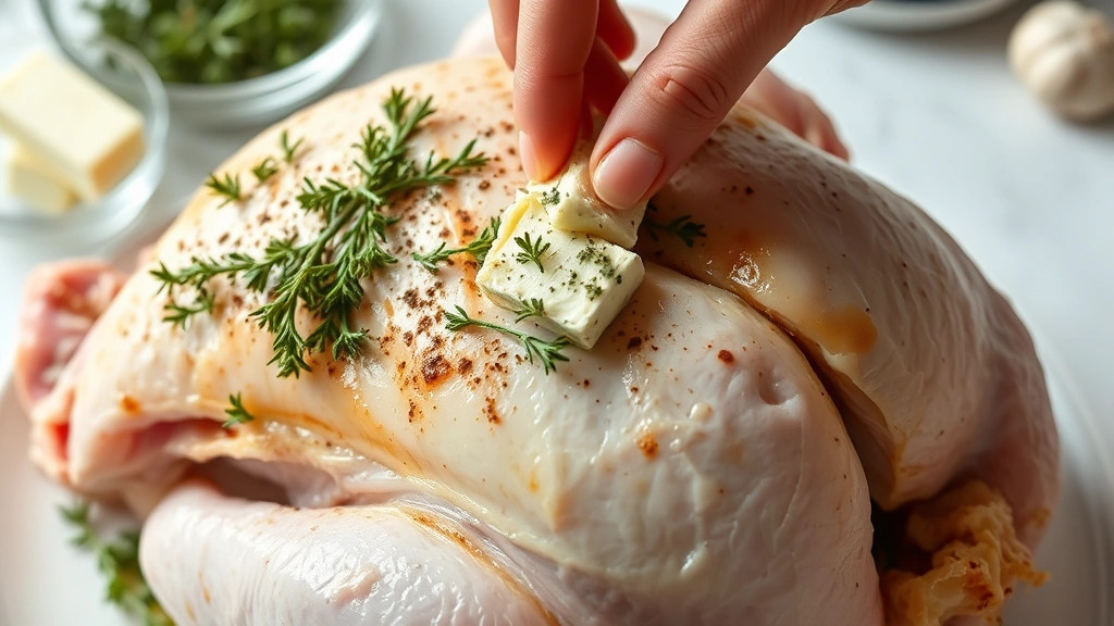 Hands inserting compound herb butter under turkey skin, showing preparation of seasoned butter with fresh thyme and garlic visible in background