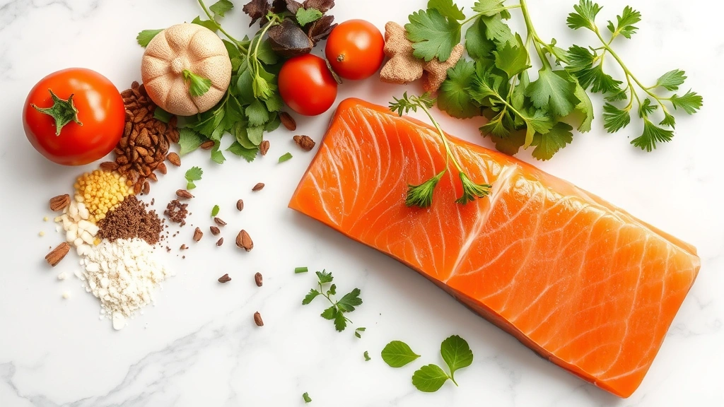 Array of colorful spices and fresh herbs arranged around a raw salmon fillet on white marble surface