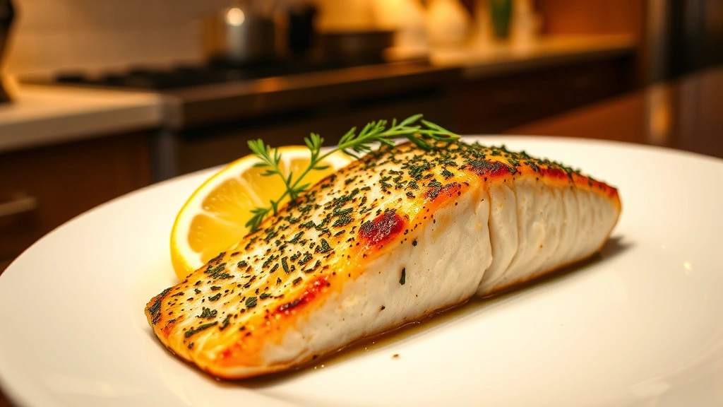 Finished pan-seared salmon with herb garnish and lemon wedge on an elegant white plate, warm kitchen lighting