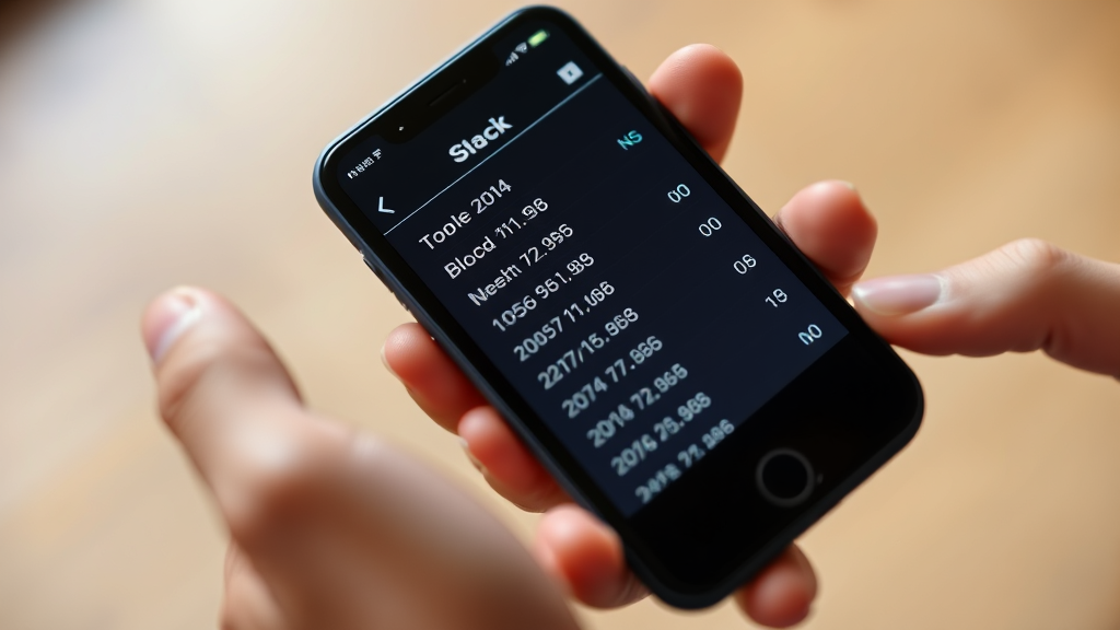 Person holding iPhone checking blocked numbers list on device screen no text no words no letters