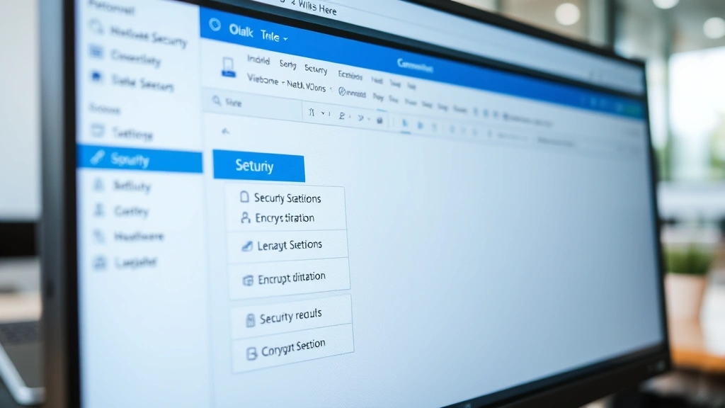 Close-up of computer monitor displaying Outlook interface with compose window open, showing security and encryption options highlighted in the ribbon menu, clean modern workspace background