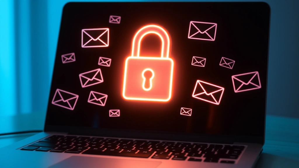 Padlock symbol glowing above a laptop keyboard with envelope icons floating around it, representing secure email communication and data protection, soft blue lighting