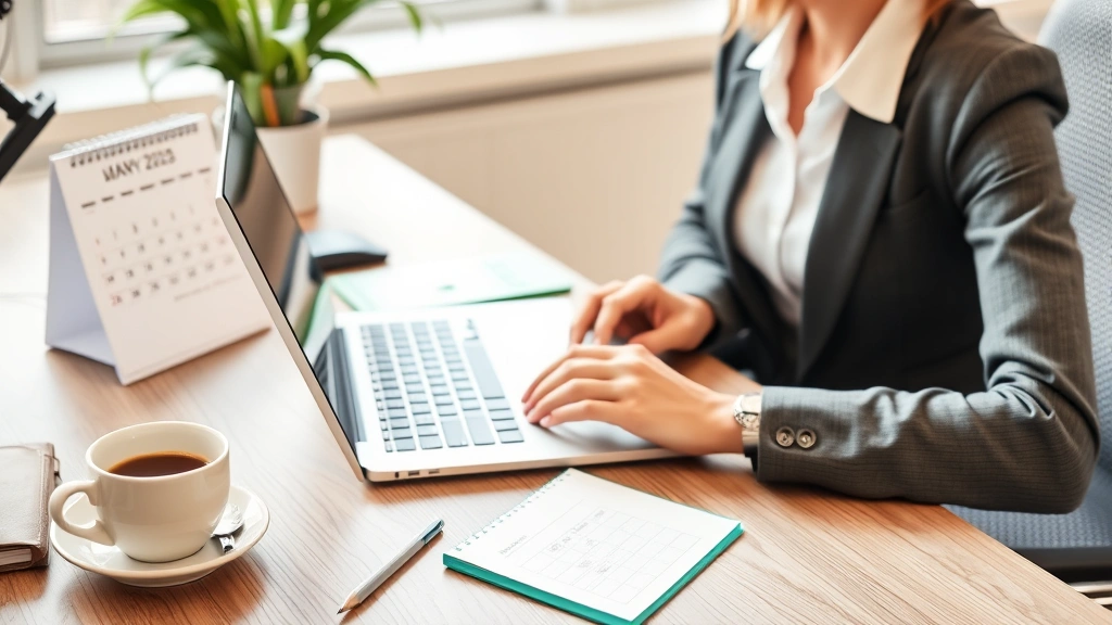 Professional person at desk with laptop and calendar, organized workspace with coffee cup and notepad, natural office lighting