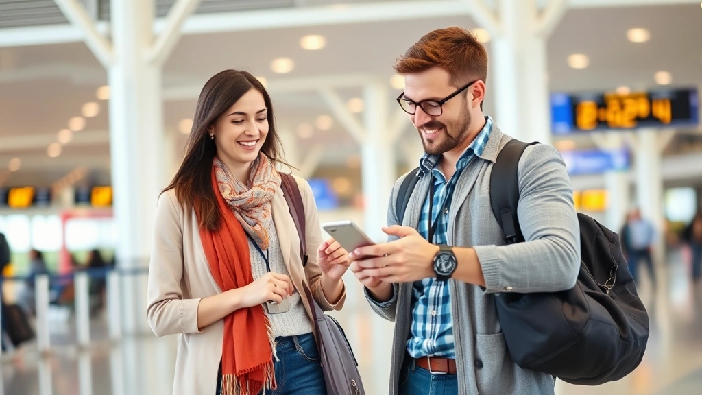 Traveler at airport with luggage and smartphone, checking email with relaxed expression, modern terminal background