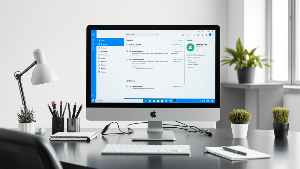Professional office workspace with computer screen showing Outlook interface, clean desk setup, no text no words no letters