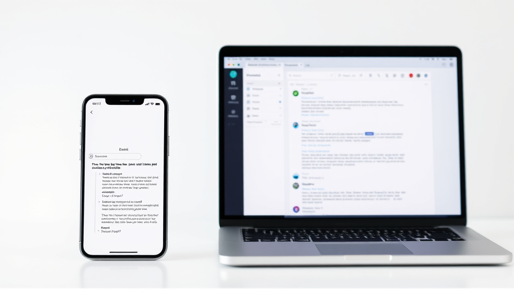 Modern smartphone and laptop displaying email application interfaces side by side, minimalist technology setup, no text no words no letters