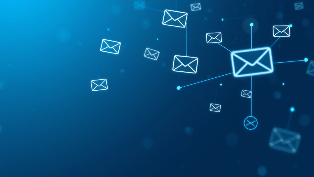 Abstract digital communication concept with floating email icons and connectivity symbols in blue tones, no text no words no letters