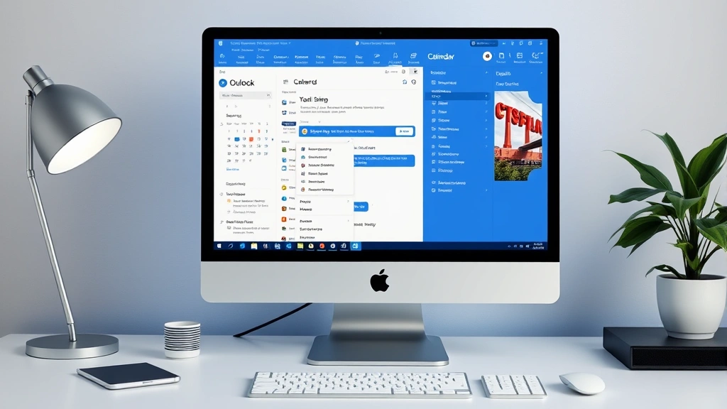 Professional workspace showing computer screen displaying Outlook calendar interface with sharing options menu visible, clean desk with minimalist design