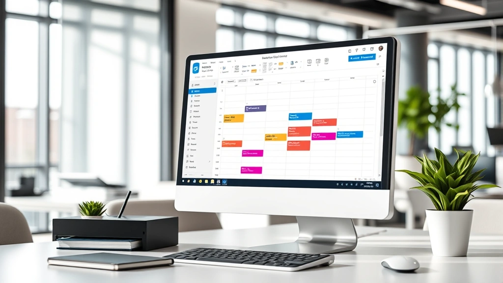 Professional workspace showing desktop computer with Outlook calendar interface open, clean modern office environment with natural lighting, calendar grid visible on screen with colored event blocks