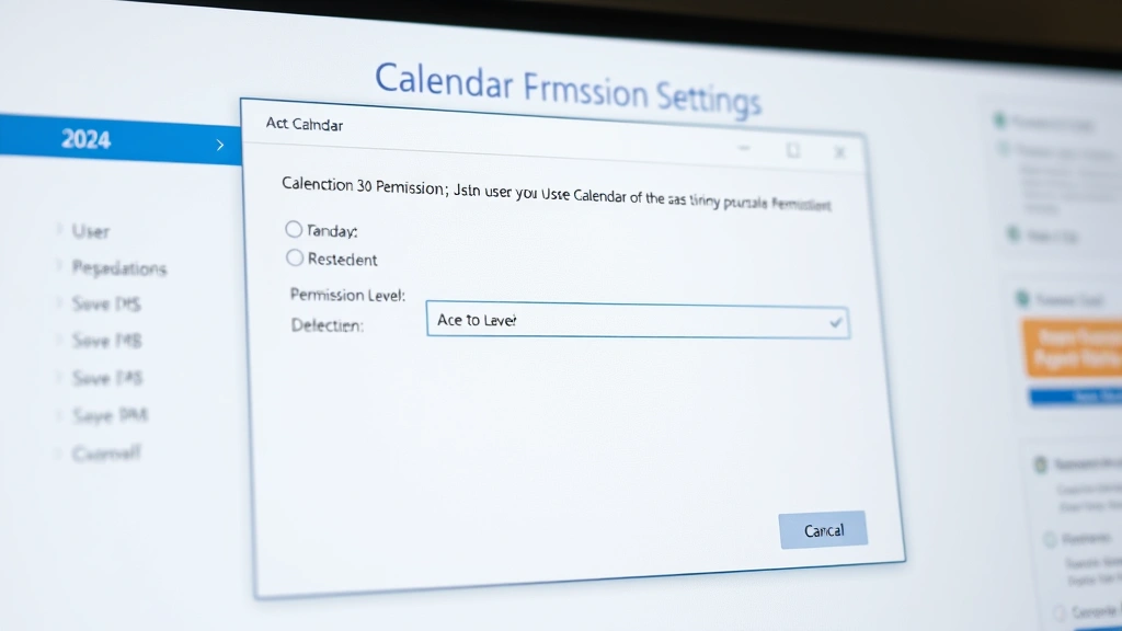 Close-up of calendar permission settings dialog box on computer monitor, showing permission level dropdown options and user selection field, office environment