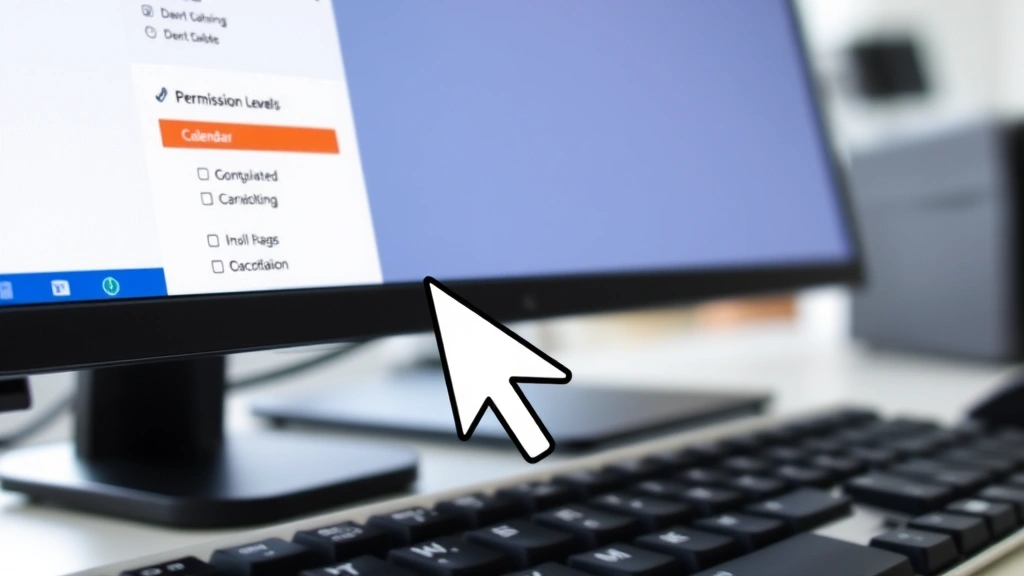 Close-up of computer mouse pointer hovering over calendar sharing options menu in Outlook, permission level dropdown list visible, professional office desk setup with keyboard and monitor