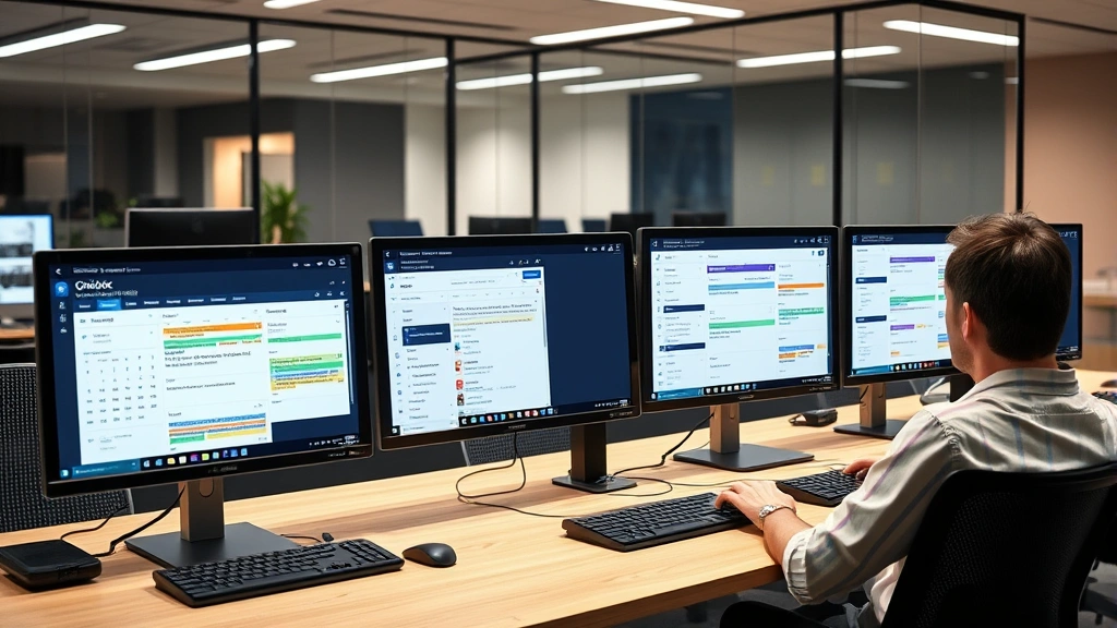 Multiple computer screens in modern office showing synchronized Outlook calendars with different colored events and availability indicators, collaborative workspace