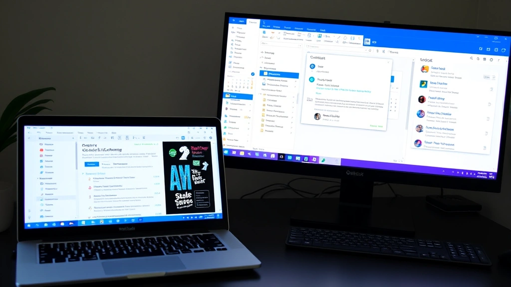 Split screen showing Outlook web interface on laptop and Outlook desktop application on monitor, both displaying calendar sharing dialogs, collaborative workspace theme with multiple devices