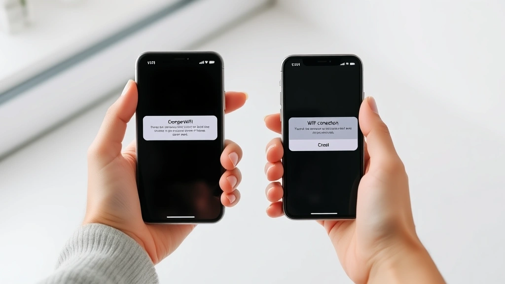 Hands holding two iPhones side by side with WiFi connection prompt dialog appearing on one screen, modern minimalist setting