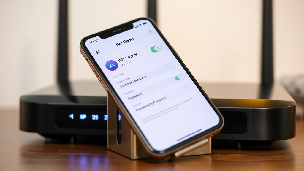iPhone displaying router settings and WiFi password sharing interface with notification badge, clean desk background
