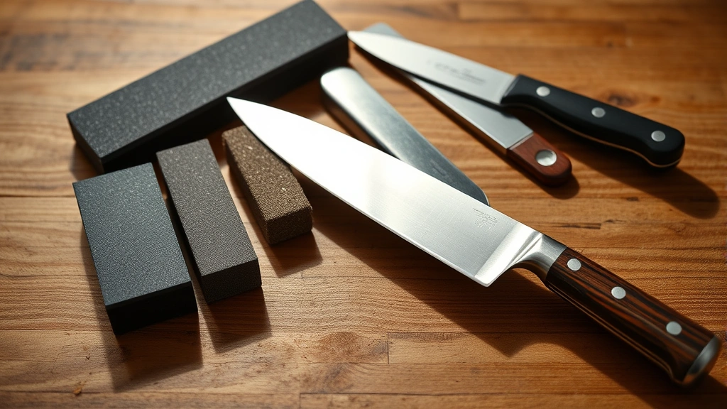 A collection of sharpening tools arranged on a wooden surface including whetstones of different grits, honing steel, and a sharp kitchen knife casting a shadow