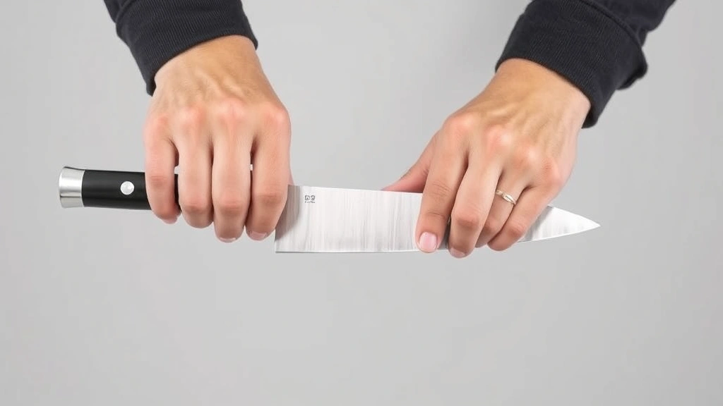 Hands demonstrating the proper grip and motion while using a honing steel on a chef's knife, showing the correct angle and technique against a neutral background