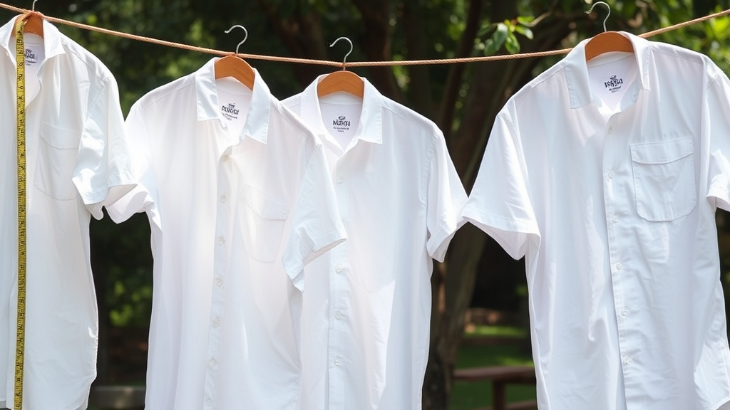Cotton shirts hanging on clothesline with measuring tape nearby, natural lighting, no text no words no letters