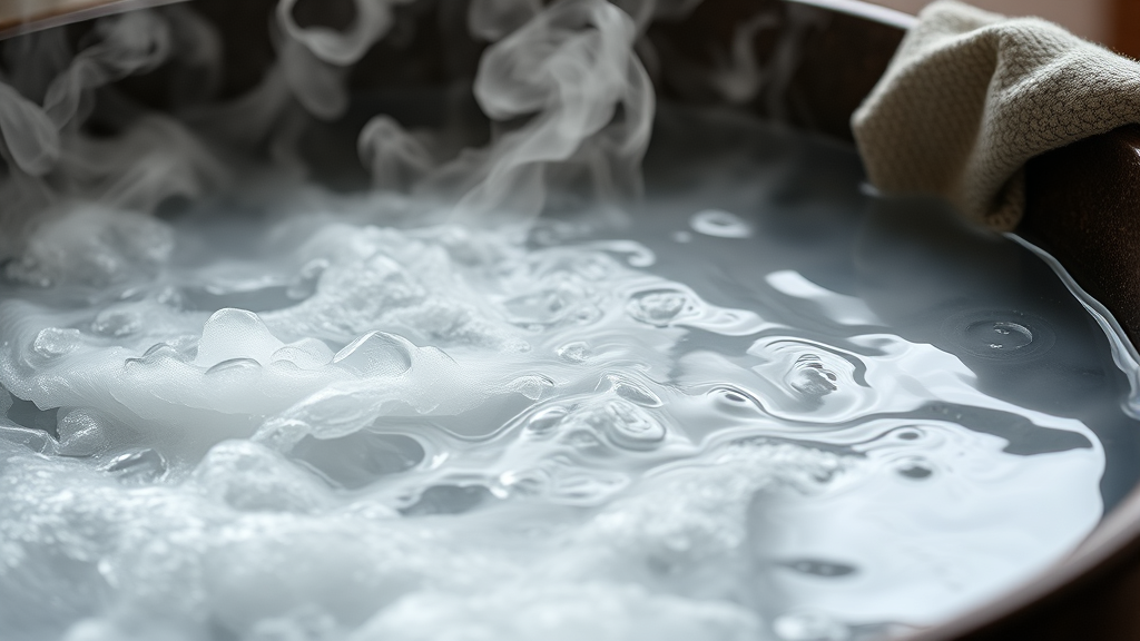 Steam rising from hot water basin with fabric soaking, close-up view, no text no words no letters
