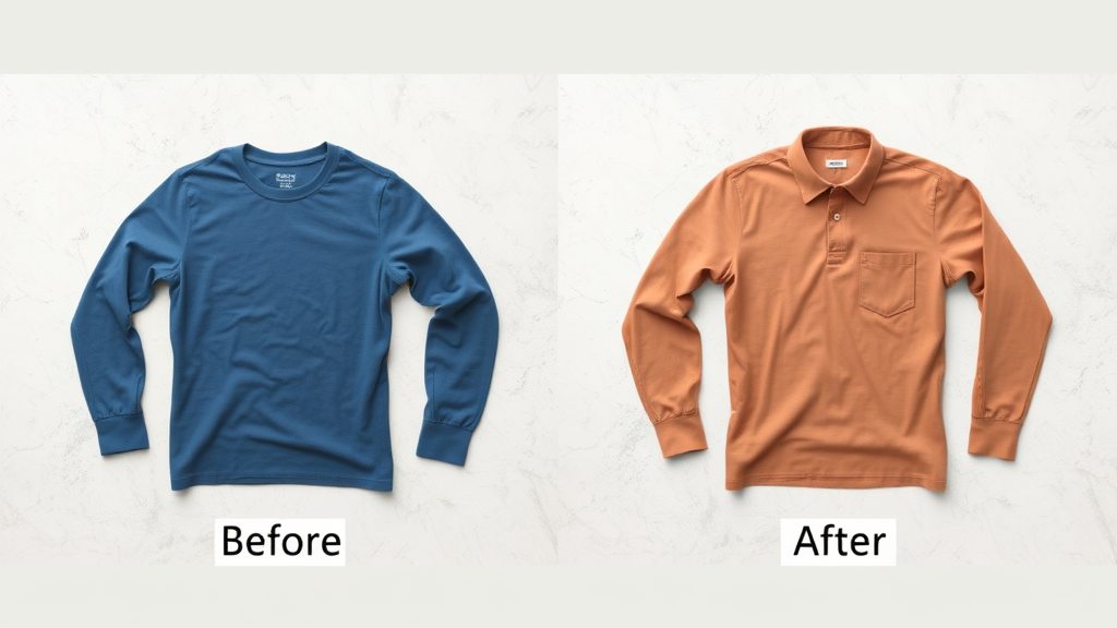 Before and after comparison of shirt sizes laid flat on surface, natural colors, no text no words no letters