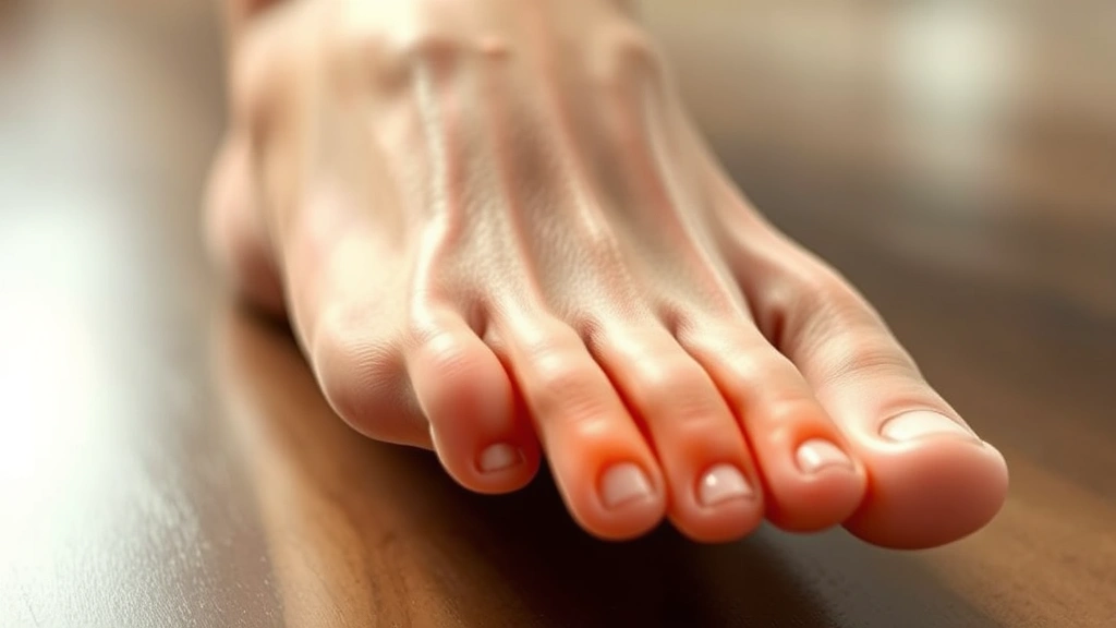 Close-up of a person's foot showing bunion anatomy, with the big toe joint highlighted, professional medical illustration style photography