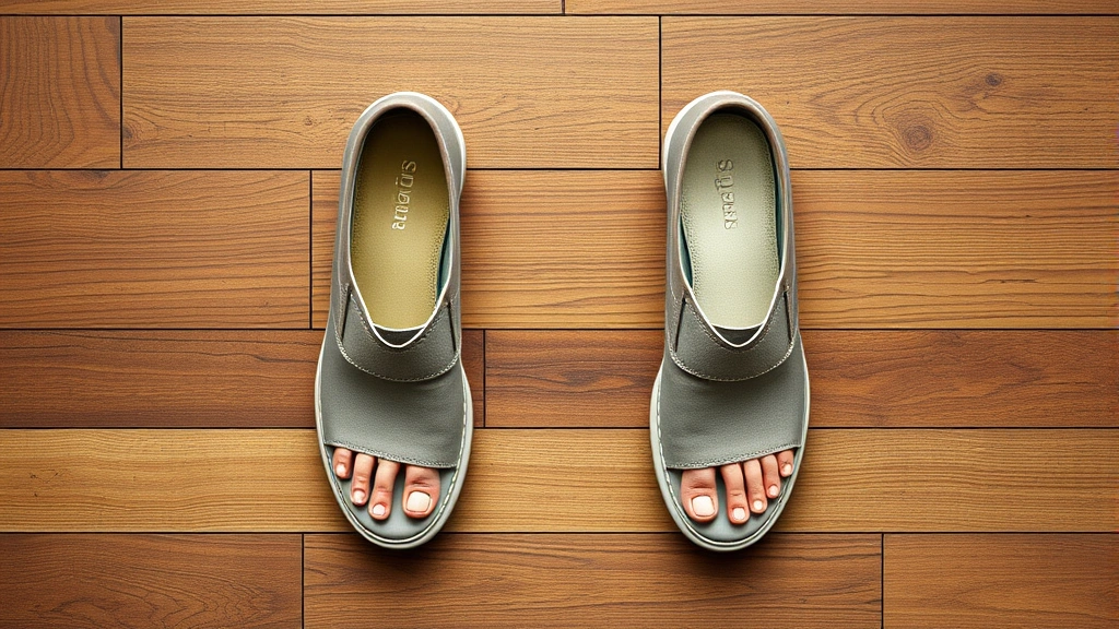 Overhead view of orthopedic shoes with wide toe box displayed on a wooden floor, showing comfortable footwear design for bunion relief