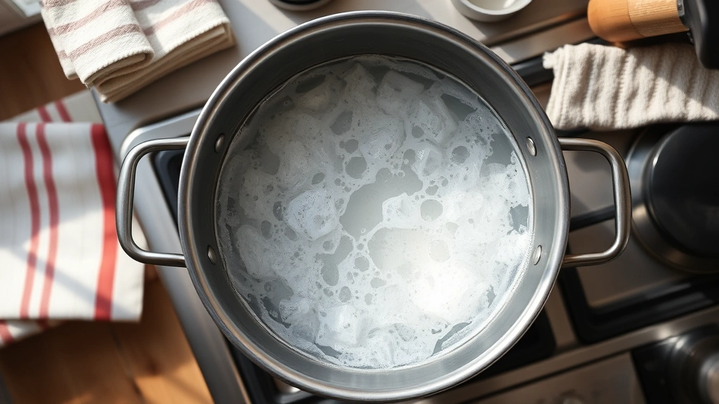 Overhead view of a large stainless steel pot with boiling water on a stovetop, with kitchen towels nearby, natural daylight from window