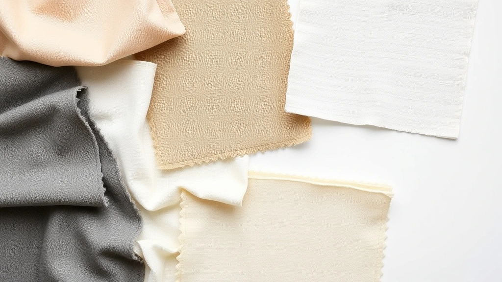 Flat lay of various fabric swatches (cotton, wool, linen, polyester blend) arranged on a white surface with a care label tag visible in corner