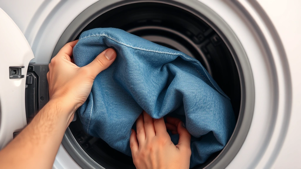 Hands placing wet blue jeans into a white dryer machine, interior view with drum visible