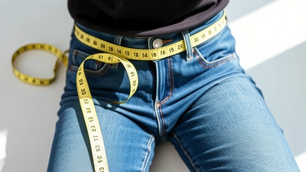 Measuring tape wrapped around waistband of blue jeans on flat surface, showing measurement process in natural daylight