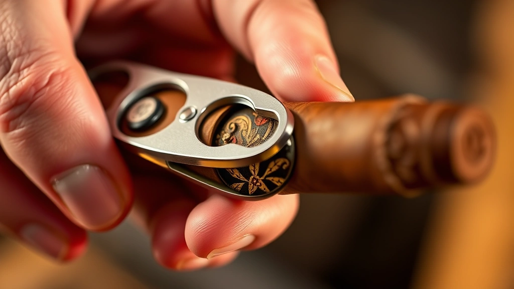 A close-up of a hand holding a cigar cutter positioned over the cap of a premium cigar, showing the cutting technique in detail with warm lighting