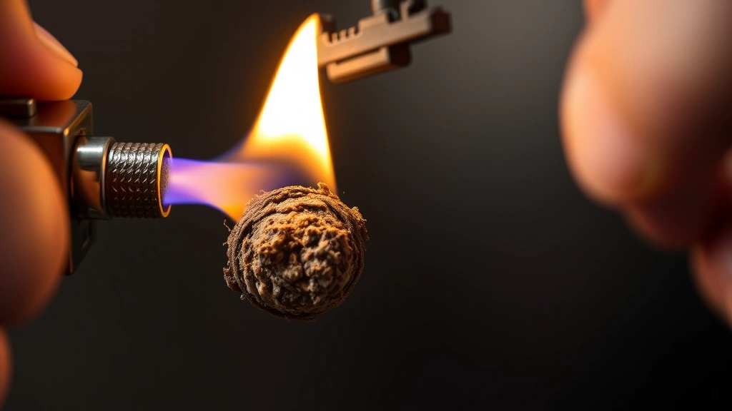 A torch lighter igniting the foot of a cigar at a 45-degree angle, with the tobacco beginning to glow, demonstrating proper lighting technique