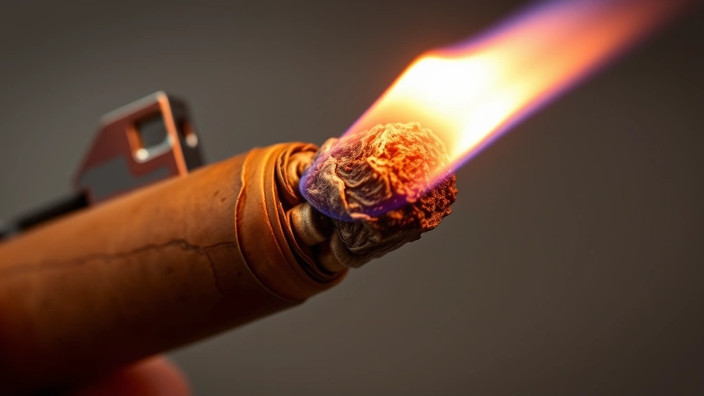 Close-up of torch lighter igniting cigar foot with even flame distribution, showing proper 45-degree angle positioning and glowing orange tobacco