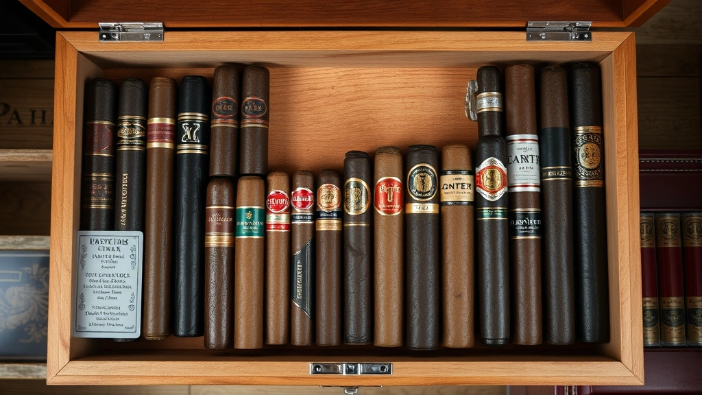 An overhead view of a wooden humidor open and filled with various premium cigars arranged neatly, showing proper storage and organization