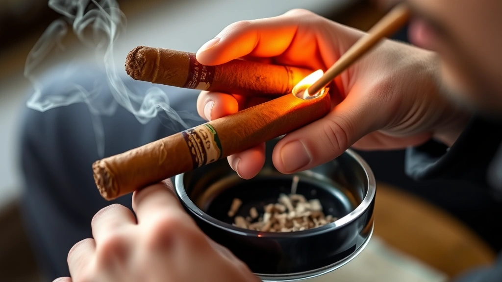 Experienced smoker holding lit cigar in ashtray during rest period, showing proper hand positioning and ash management with cigar resting between draws