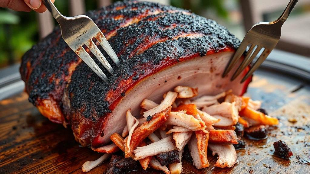 Finished smoked pork butt with dark crusty bark exterior, pulled into tender shreds with forks, juices glistening, casual outdoor patio setting