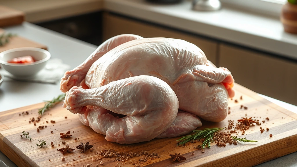 Raw whole turkey on wooden cutting board with herbs and spices scattered around, natural kitchen lighting