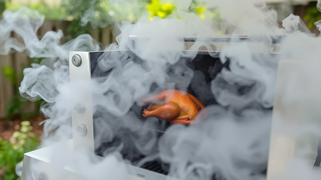 Smoker filled with billowing white smoke, turkey visible on grates inside, outdoor backyard setting