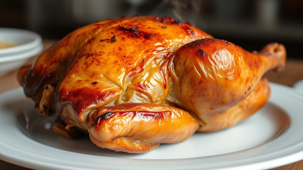 Finished golden-brown smoked turkey on white plate with steam rising, ready to carve, close-up detail shot