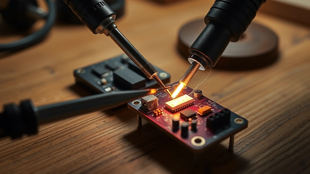 Soldering iron with glowing hot tip positioned over a circuit board joint, solder wire nearby on wooden workbench, professional workshop lighting