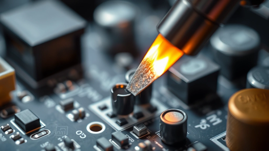 Close-up of a soldering iron tip heating a copper wire connection on a circuit board, with solder beginning to melt, professional lighting showing the metallic sheen