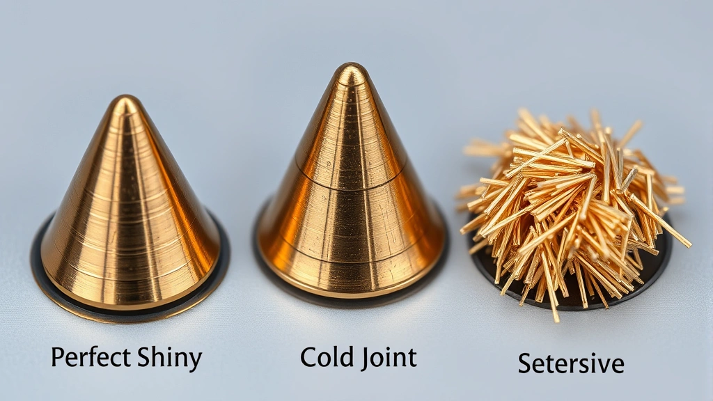 Magnified view of three solder joints side by side: one perfect shiny cone-shaped joint, one cold dull joint, and one with excessive solder, showing the quality difference