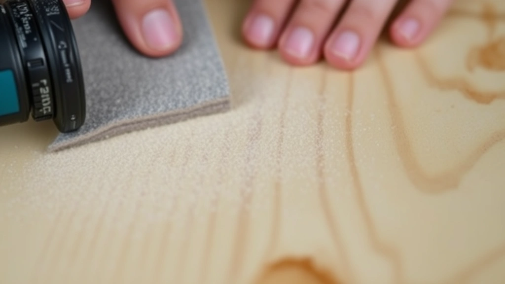 Close-up of hand sanding bare wood surface with sandpaper, wood dust particles visible, natural lighting showing wood grain texture
